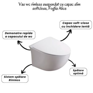 Set vas wc suspendat rimless cu capac soft close Foglia Alice, rezervor incastrat si clapeta crom Geberit - Img 2