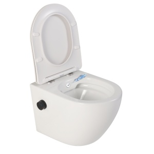 Vas wc suspendat cu functie bideu, Foglia Oslo Rimless, capac soft close, baterie negru mat