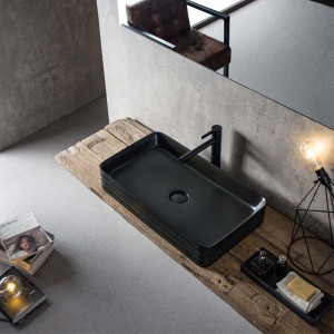 Lavoar pe blat Fluminia My Black Square, cu ventil fix, 67.5x39x12 cm, negru mat - Img 2