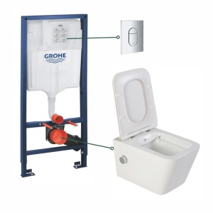 Set vas wc suspendat Foglia Safari cu functie bideu alb si baterie inclusa crom, rezervor wc incastrat Grohe si clapeta crom lucios