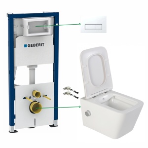Set vas wc suspendat Foglia Safari, cu functie bideu si baterie crom, rezervor wc incastrat Geberit Delta 51 si clapeta alb alpin