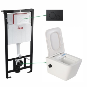 Set vas wc suspendat Foglia Safari cu functie bideu si baterie negru mat inclusa, rezervor incastrat Alcaplast si clapeta negru mat