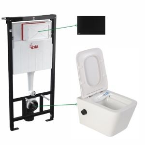 Set vas wc suspendat Foglia Safari cu functie de bideu si baterie negru mat inclusa, rezervor wc Alcaplast si clapeta aluminiu negru mat