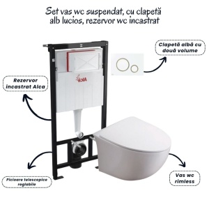 Set vas wc suspendat rimless cu capac soft close Alice, rezervor incastrat si clapeta alba Alcaplast - Img 2