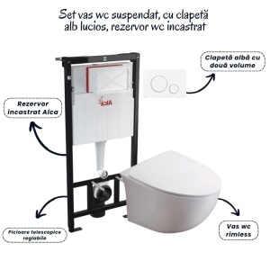 Set vas wc suspendat rimless cu capac soft close Foglia Alice, rezervor incastrat si clapeta alb lucios Alcaplast - Img 2