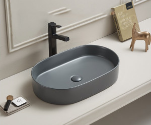 Lavoar baie oval pe blat Adelais 52x30x11 cm, gri mat - Img 3