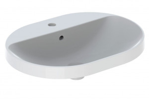 LAVOAR ÎNCORPORAT GEBERIT VARIFORM, ELIPTIC, CU BANC CU ORIFICII DE ROBINET B-60CM, T-45CM, PREAPLIN VIZIBIL, GLAZURAT ALB