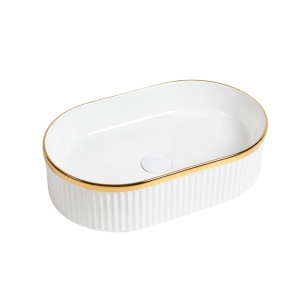 Lavoar pe blat, oval, alb mat texturat cu linie aurie, 49x31 cm