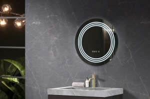 Oglinda cu iluminare LED Belform Cronos, buton touch, ceas si functie dezaburire, Ø60 cm