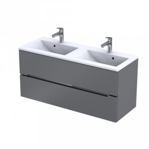 Set mobilier suspendat Oristo Silver si lavoar 2 cuve, 120 cm, gri mat