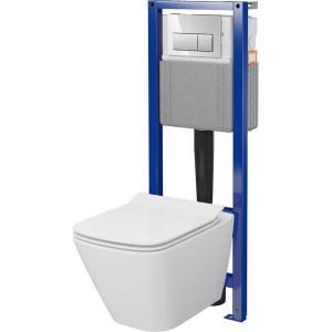 Set rezervor cu cadru Cersanit C59 System 40 mecanic cu vas wc suspendat Mesto Square CleanOn, cu capac si clapeta crom lucios
