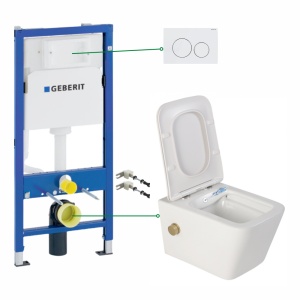 Set vas wc suspendat cu functie bideu Foglia Safari cu baterie auriu mat, rezervor incastrat Geberit si clapeta Delta alb lucios