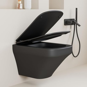 Set vas wc suspendat Foglia Bristol Rimless negru mat, dreptunghiular, capac slim softclose - Img 3