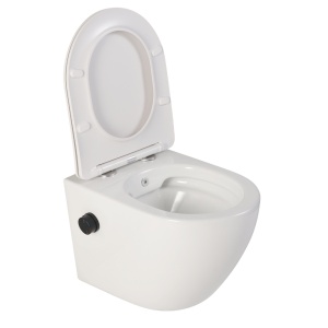 Vas wc suspendat cu functie bideu, semirotund, rimless, apa calda rece, capac soft close, baterie negru mat Foglia Oslo - Img 2