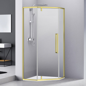 Cabina dus pentagonala Belform Fortuna, usa batanta, 90x90 cm, profil auriu