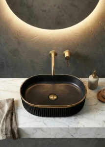Lavoar pe blat, oval, alb mat texturat cu linie aurie, 49x31 cm - Img 3