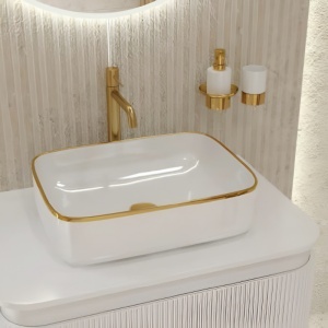 Lavoar pe blat Spectrum Castor Gold Line, dreptunghiular rotunjit, 50.5x40x h 14 cm, alb-auriu lucios - Img 3