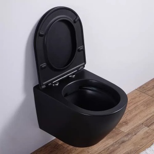 Set vas wc Foglia Oslo Rimless suspendat, negru mat rotund, cu capac soft close - Img 5