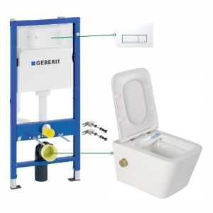 Set vas wc suspendat cu functie bideu Foglia Safari cu baterie auriu mat, rezervor wc incastrat Geberit si clapeta Delta 51 alb alpin