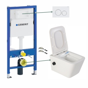 Set vas wc suspendat Foglia Safari cu functie bideu si baterie negru mat, rezervor incastrat Geberit si clapeta Delta alb lucios