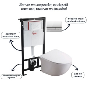 Set vas wc suspendat rimless cu capac soft close Alice, rezervor incastrat si clapeta crom mat Alcaplast - Img 2