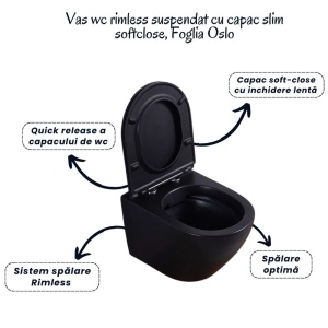 Set vas wc suspendat rimless cu capac soft close Oslo, rezervor incastrat si clapeta negru mat Alcaplast - Img 6