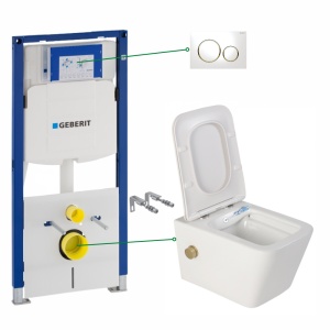 Set vas wc suspendat cu functie bideu Foglia Safari cu baterie auriu mat inclusa, rezervor wc incastrat Geberit si clapeta Sigma alb lucios