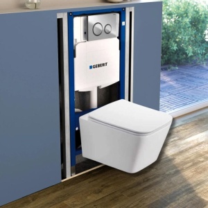 Set vas wc suspendat dreptunghiular rimless cu capac soft close, clapeta crom Duofix, rezervor wc incastrat Geberit - Img 2