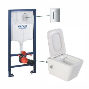 Set vas wc suspendat Foglia Safari cu functie bideu alb si baterie inclusa crom, rezervor wc incastrat Grohe si clapeta crom