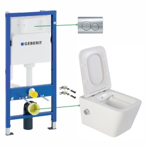 Set vas wc suspendat Foglia Safari cu functie bideu si baterie crom, rezervor incastrat Geberit Delta si clapeta crom lucios