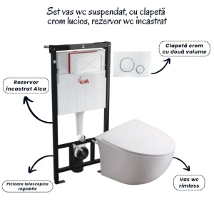 Set vas wc suspendat rimless cu capac soft close Alice, rezervor incastrat si clapeta crom lucios Alcaplast - Img 2