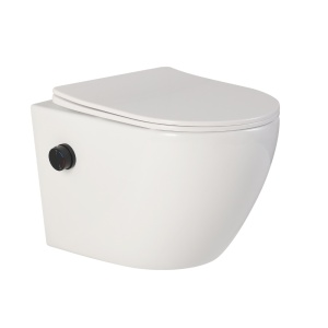 Vas wc suspendat cu functie bideu, semirotund, rimless, apa calda rece, capac soft close, baterie negru mat Foglia Oslo - Img 4