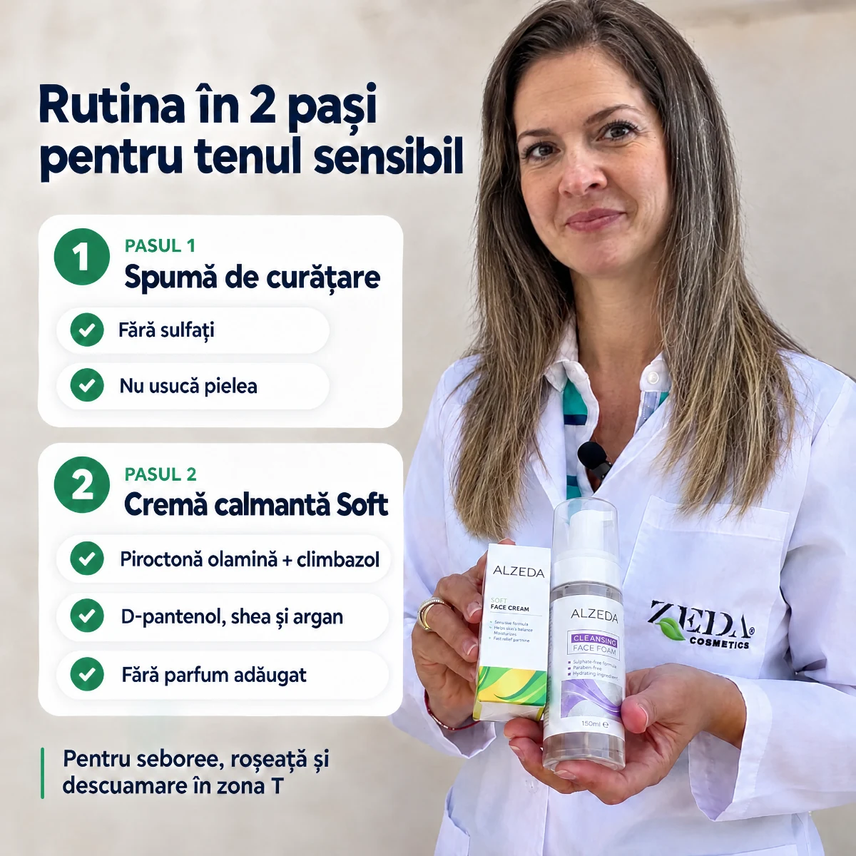 Rutina ALZEDA în 2 pași pentru tenul sensibil: spumă de curățare și cremă calmantă Soft