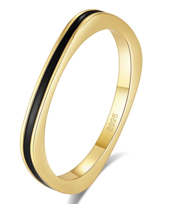 Inel Elegant Femei, Argint 925, Placat Aur, Design Modern Cu Email Negru, Gold -- Arg98C