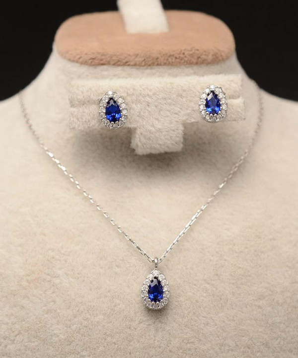 Set Argint Lantisor, Pandativ Si Cercei Rodiat -BLUE SAPPHIRE- Set146B