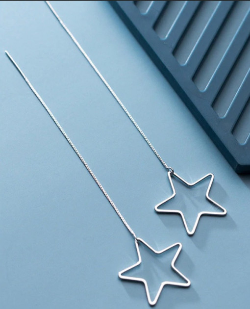 Cercei Din Argint - Minimalist Long Chain Big Stars- cod ARG13A