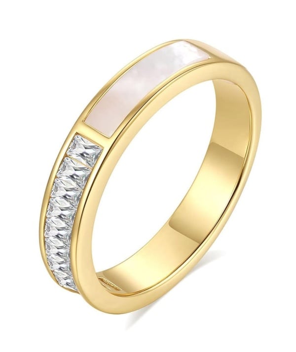 Inel Argint 925 Aurit, Cu Insertie Sidef(perla) Si Cristale Zirconiu, Model Elegant Si Modern, Ideal Pentru Ocazii Speciale Arg183H
