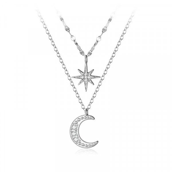 Lantisor Argint Lung si ---STEA si Luna --- Pentru Femei ARG233C