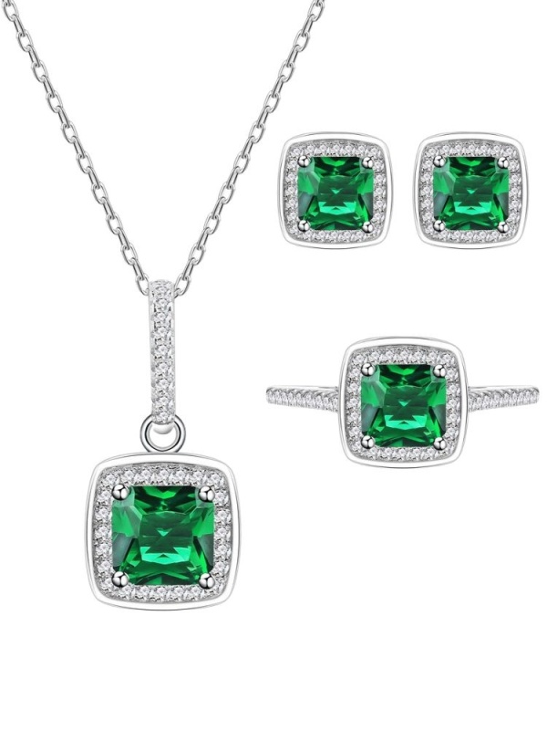 Set complet bijuterii argint 925, colier, cercei si inel, cu piatra smarald verde si zirconiu cubic, eleganta si rafinament Model