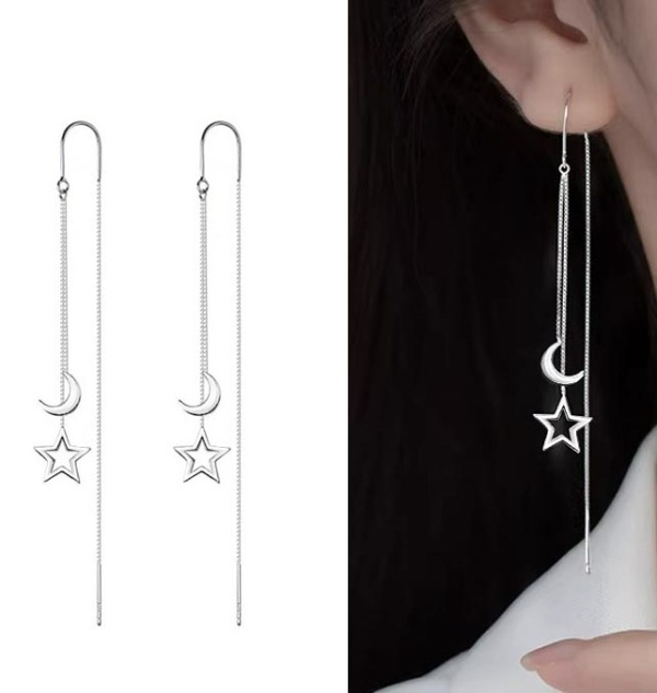 Cercei Lungi Din Argint 925 Model Stea Si Luna, Design Elegant Cu Fir Subtire, Accesorii Femei Fashion ARG113CD