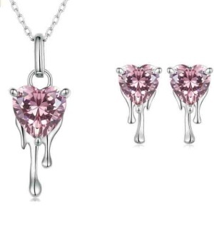 Set Bijuterii Femei Lant Si Cercei Inima Roz Argintiu Elegant Zirconiu Piatra Pink Cubic Zircon SET399RE