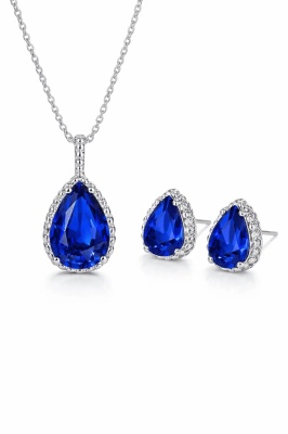 Set Bijuterii Femei Lant Si Cercei Piatra Albastru Inchis, Forma Lacrima, Argintiu Zirconiu Cubic Zircon SET203A - Img 4