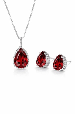 Set Bijuterii Femei Lant Si Cercei Piatra Rosu Red, Forma Lacrima, Argintiu Zirconiu Cubic Zircon SET203Rosu - Img 2