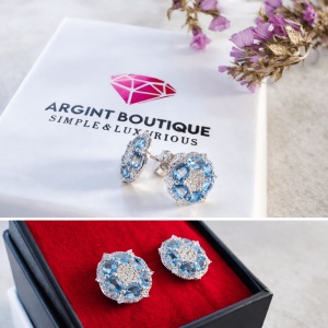 Cercei rotunzi cu cristale albastre și design floral ARG389E - Img 3