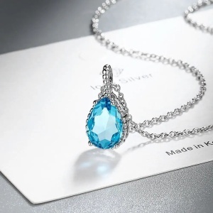Set Bijuterii Femei Lant Si Cercei Piatra Albastru Turcoaz, Forma Lacrima, Argintiu Zirconiu Cubic Zircon SET203AT - Img 4