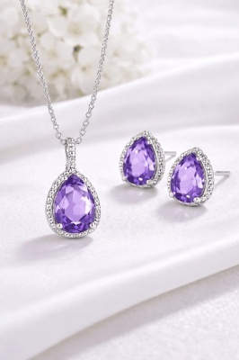 Set Bijuterii Femei Lant Si Cercei Piatra Mov, Forma Lacrima, Argintiu Zirconiu Cubic Zircon SET203M