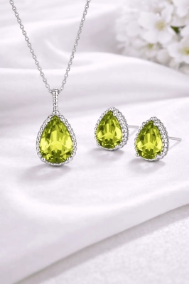 Set Bijuterii Lant Si Cercei Piatra Verde Galben, Forma Lacrima, Argintiu Zirconiu Cubic Zircon SET203VG