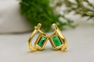 Cercei Eleganti Aurii Cu Piatra Verde Dreptunghiulara Din Argint 925 Arg56V - Img 2