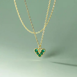 Lantisor Din Argint Piatra Verde Model Inima Romantica - Placat Aur Pentru Femei si Fete Arg134G - Img 3