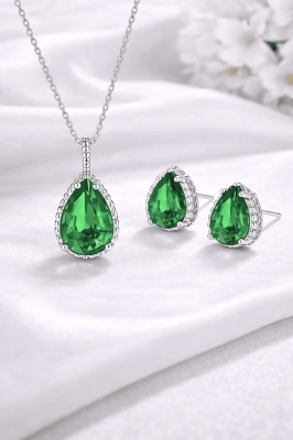 Set Argint Lantisor, Pandativ Si Cercei Rodiat, Verde -Green- Maricel Set203VE